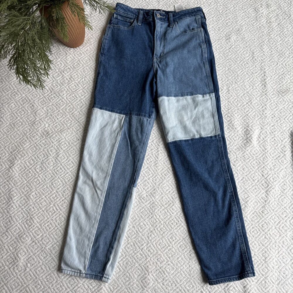 Hollister Women's Ultra High-Rise Patchwork Mom Jeans Blue Sz 1R W25 L27